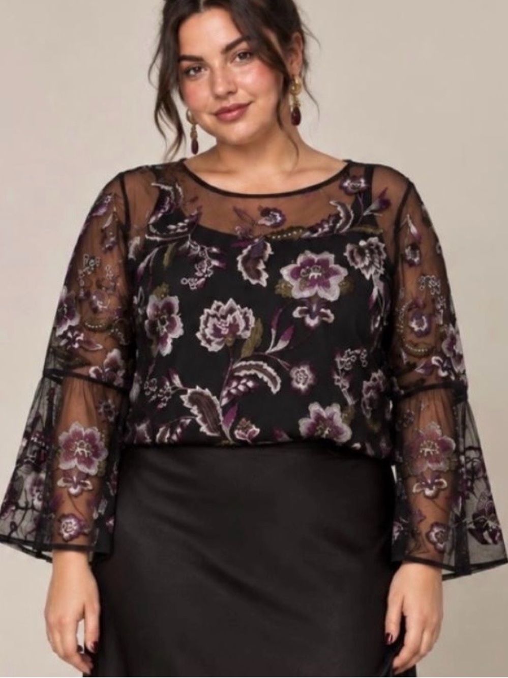 INC Black Mesh Overlay Dark Floral Embroidered Sheer Top Whimsygoth Romantic